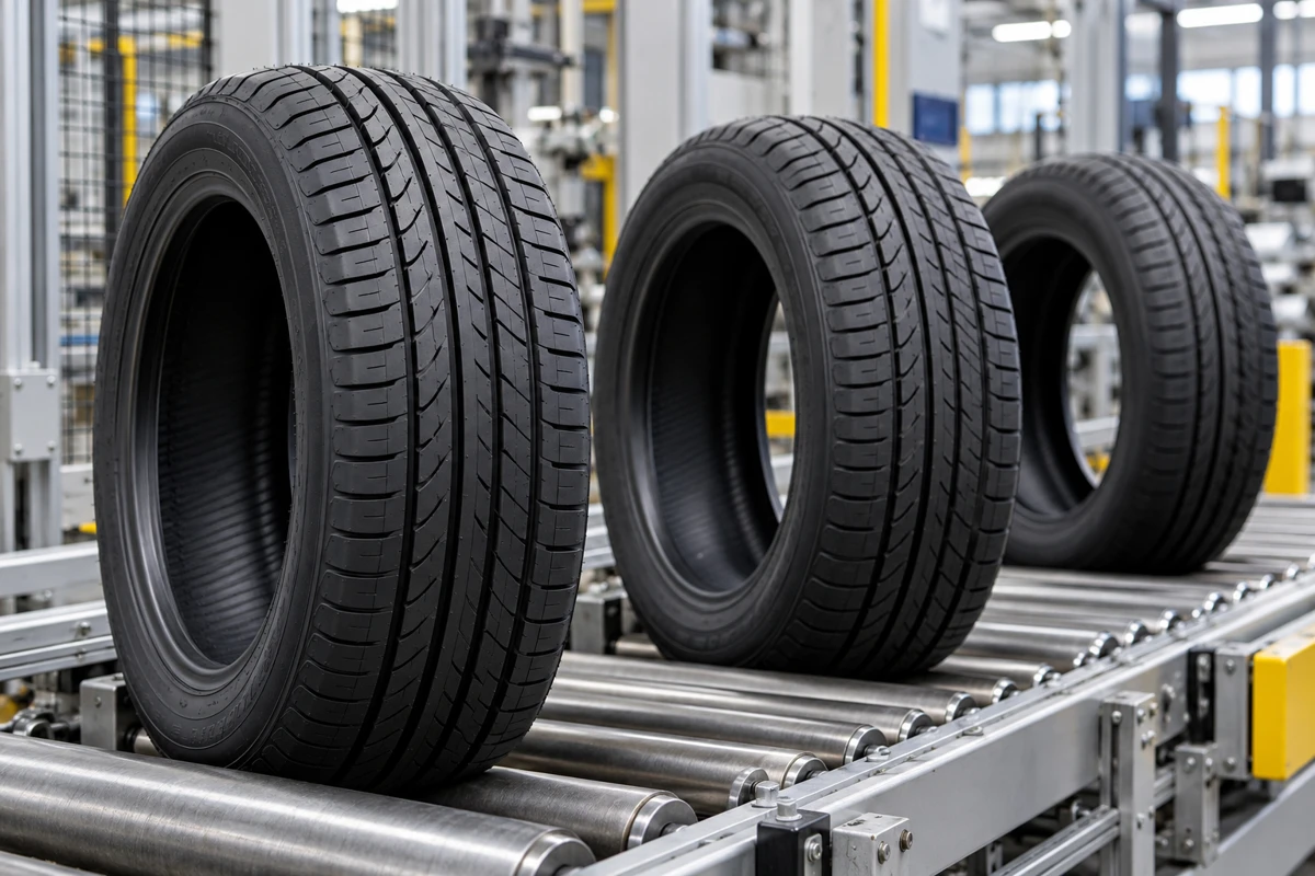 Automotive tires on an industrial inspection conveyor