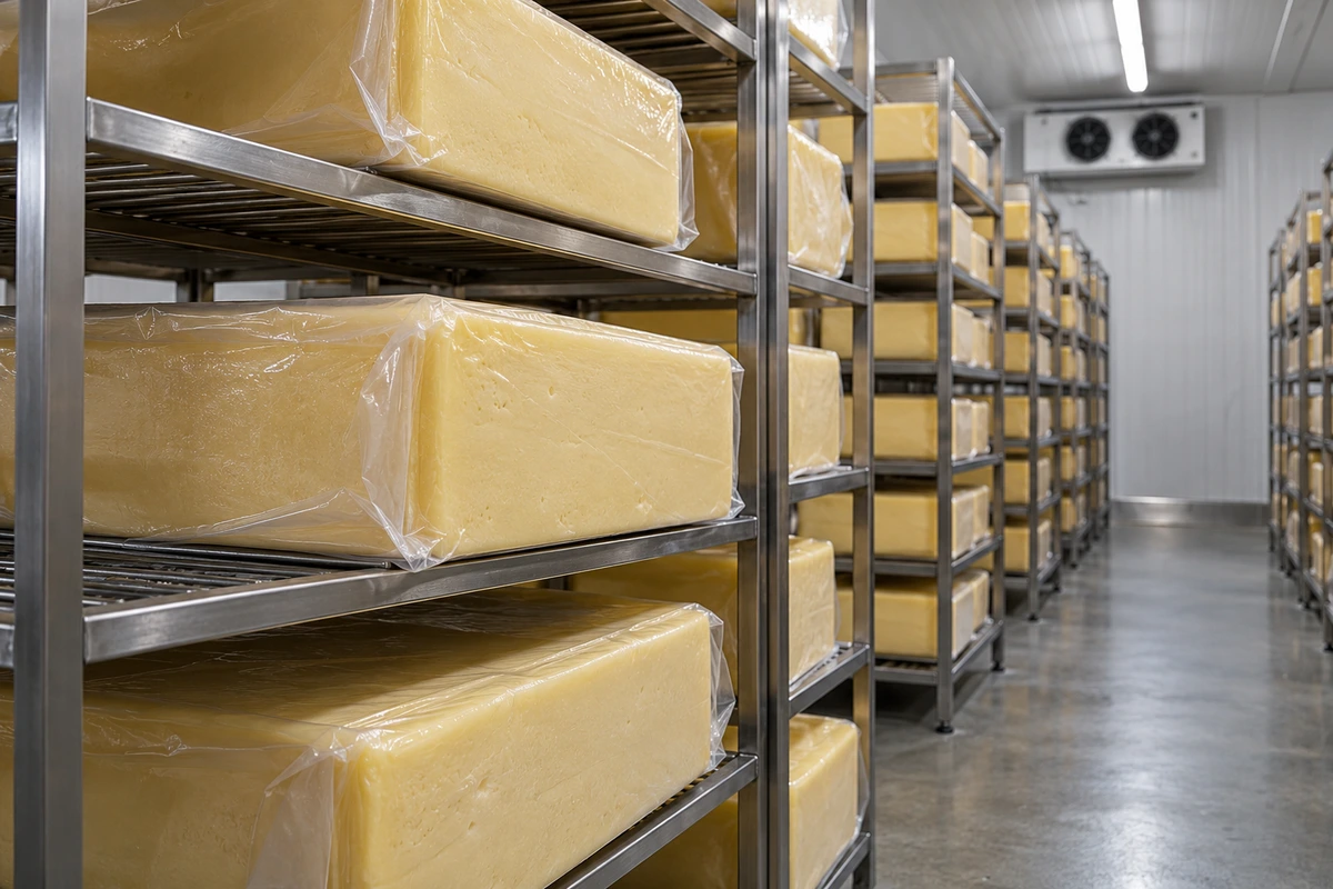 Cheese blocks in chilled storage