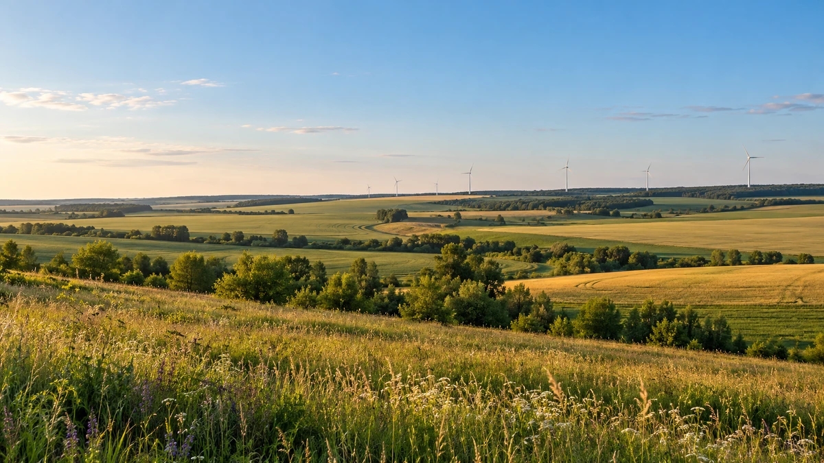 Wind turbines across typical Samara countryside