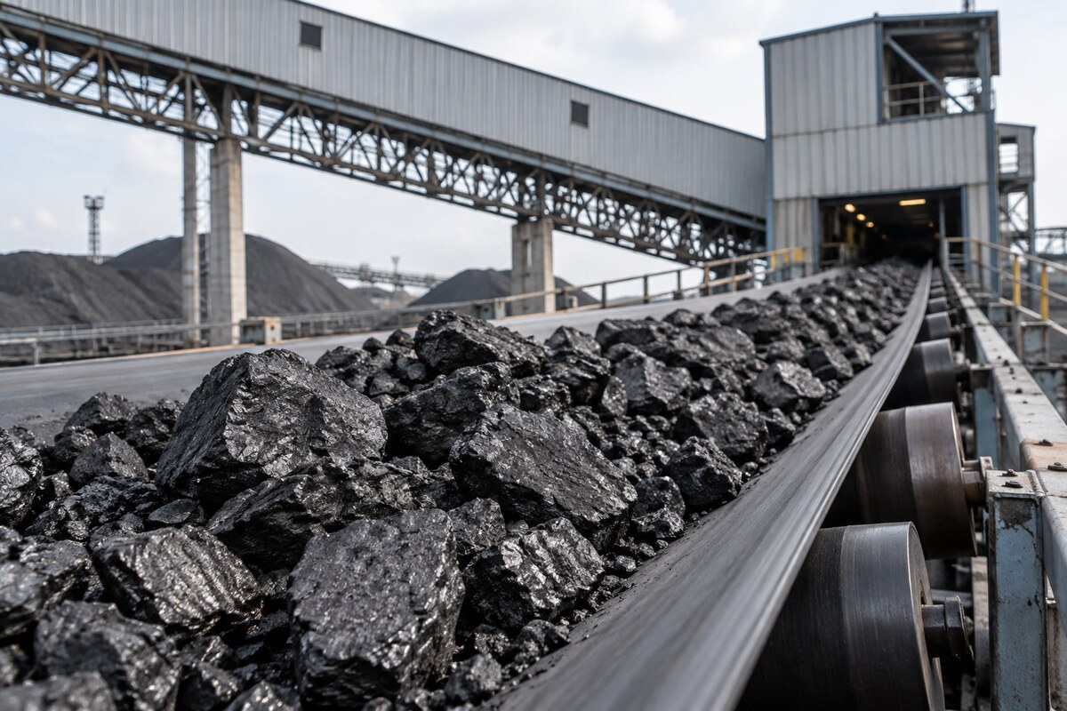 Coking coal on an industrial conveyor