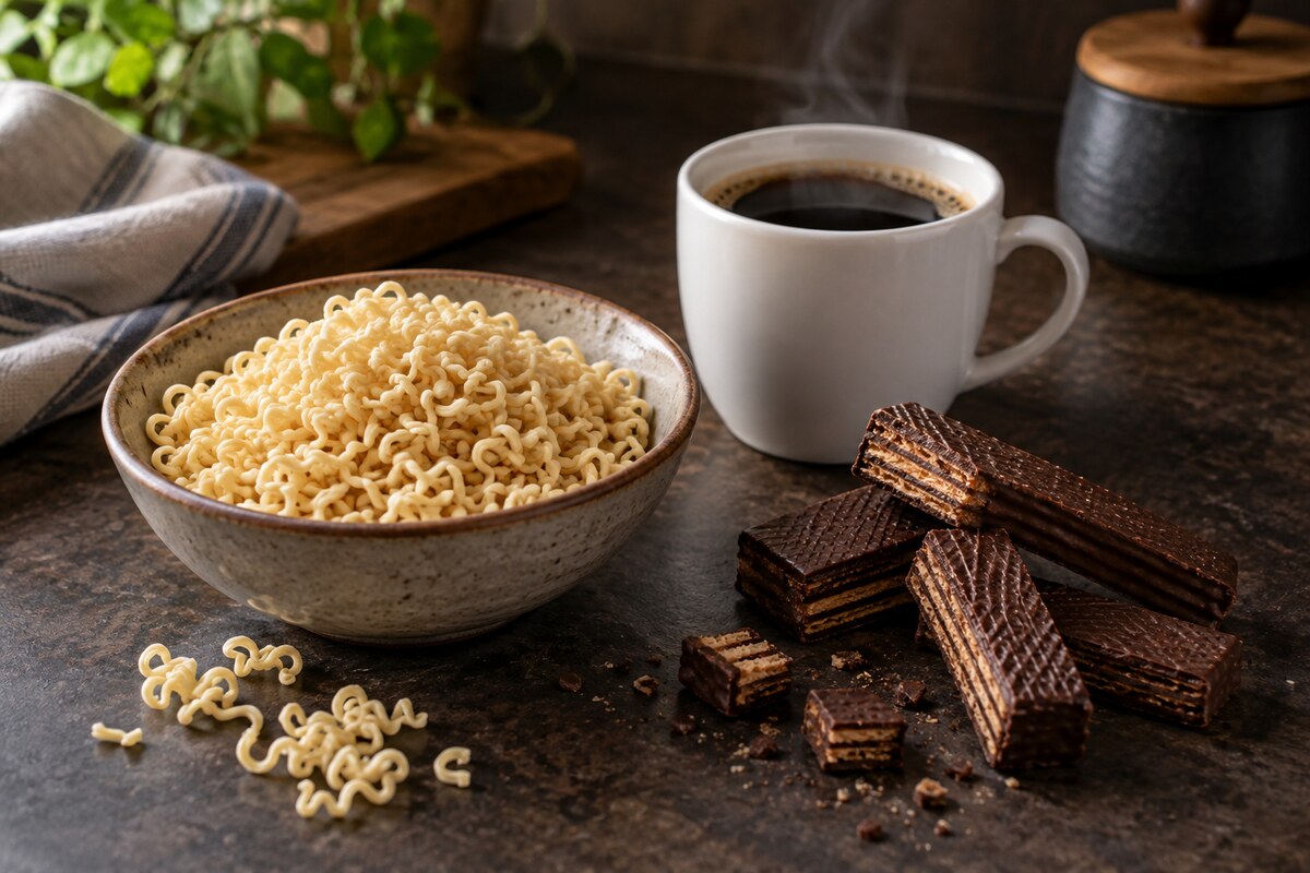 Noodles, coffee and chocolate wafers