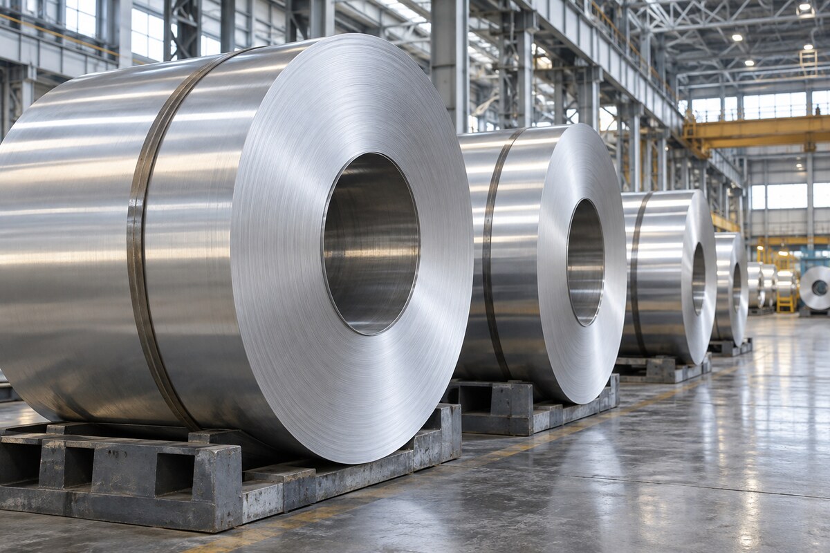 Aluminum coils in an industrial warehouse