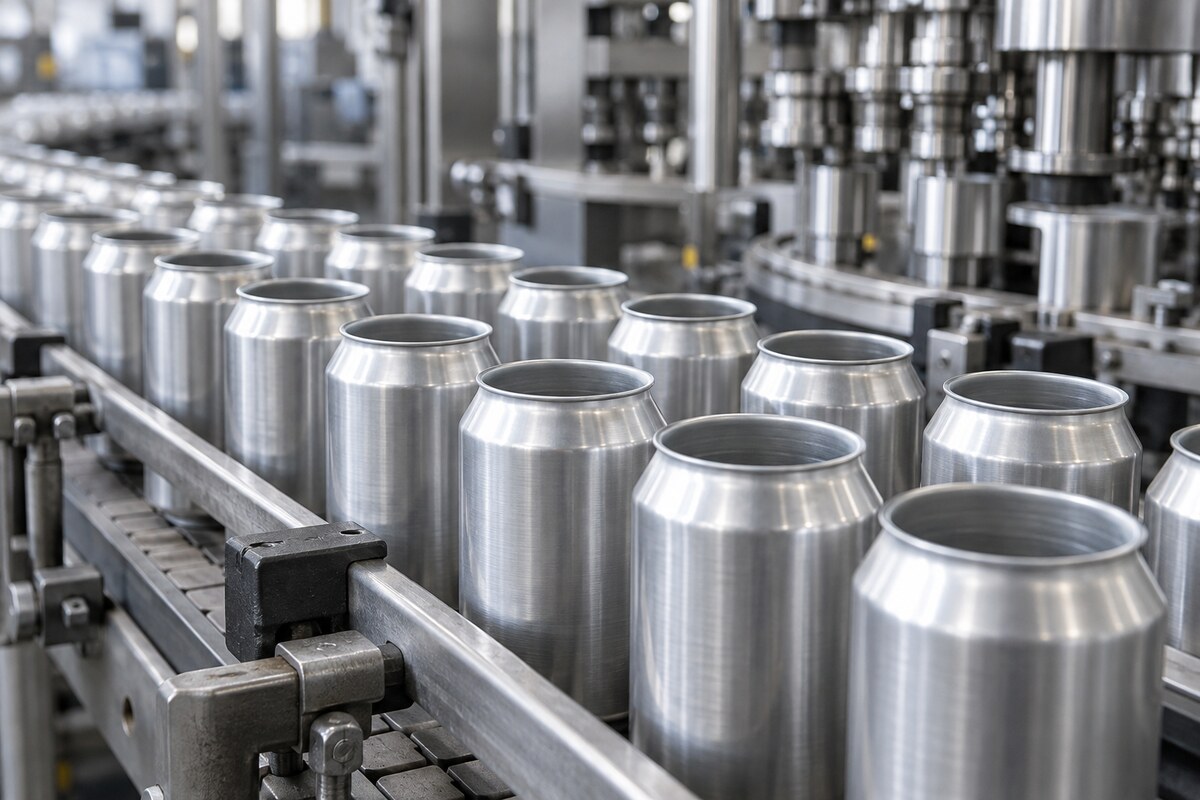 Unbranded aluminum beverage cans in production