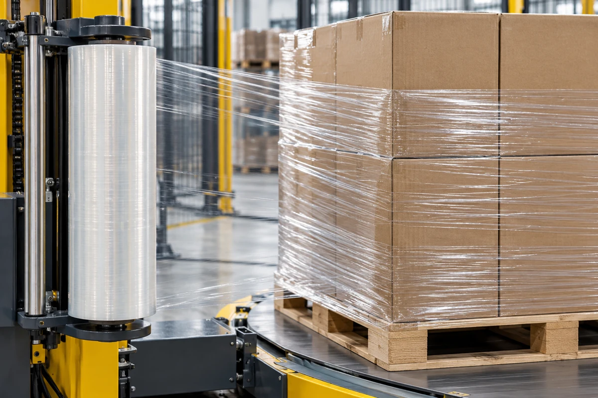 Stretch film applied to packaged goods