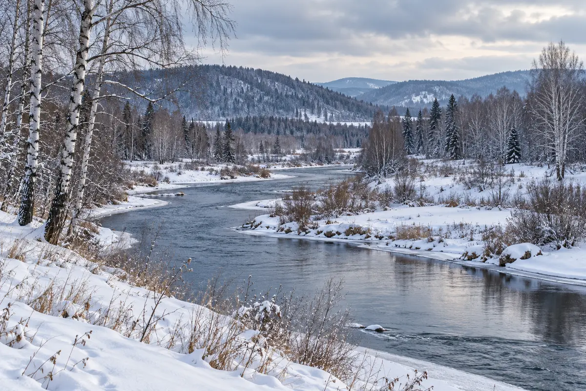 Kuzbass winter river valley