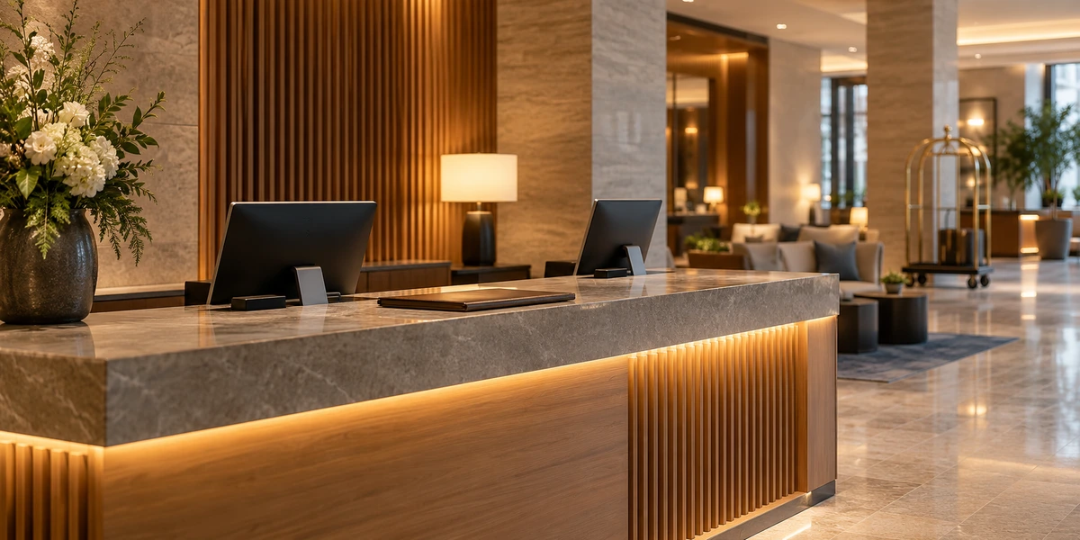 Hotel reception and digital workstations