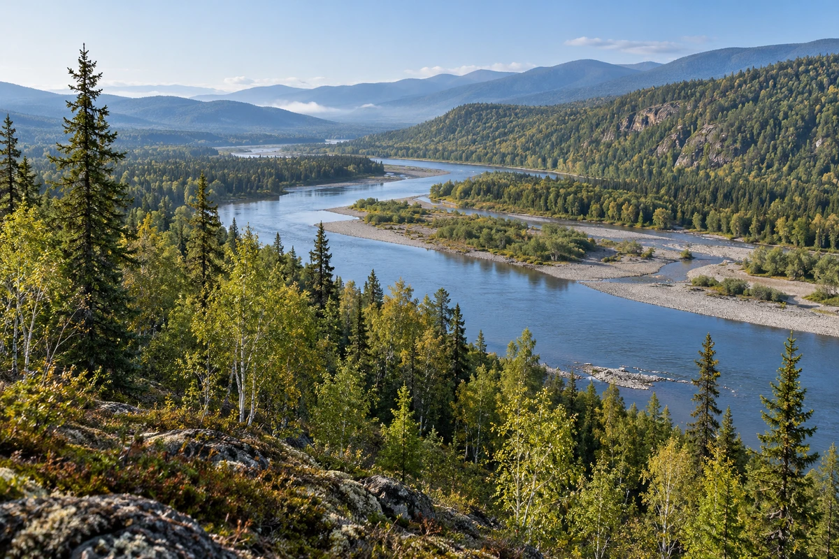 Forested river valley in the Russian Far East
