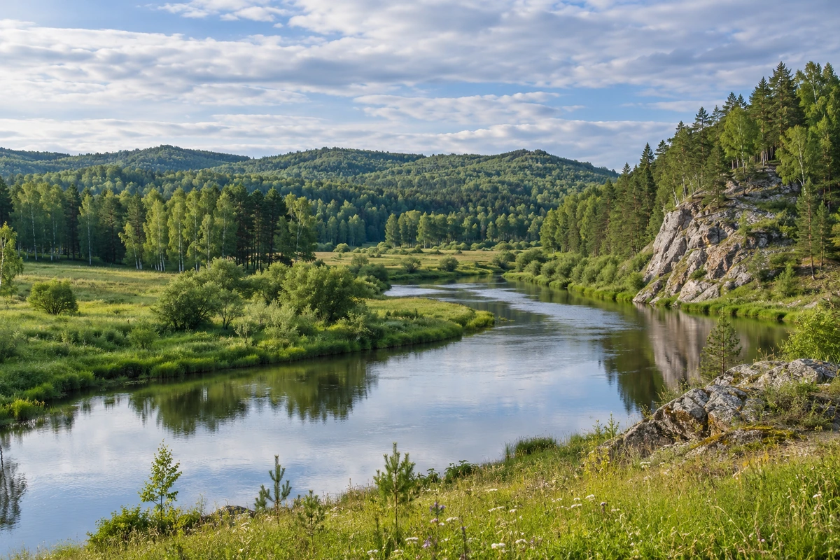 Лесистые холмы и река Среднего Урала