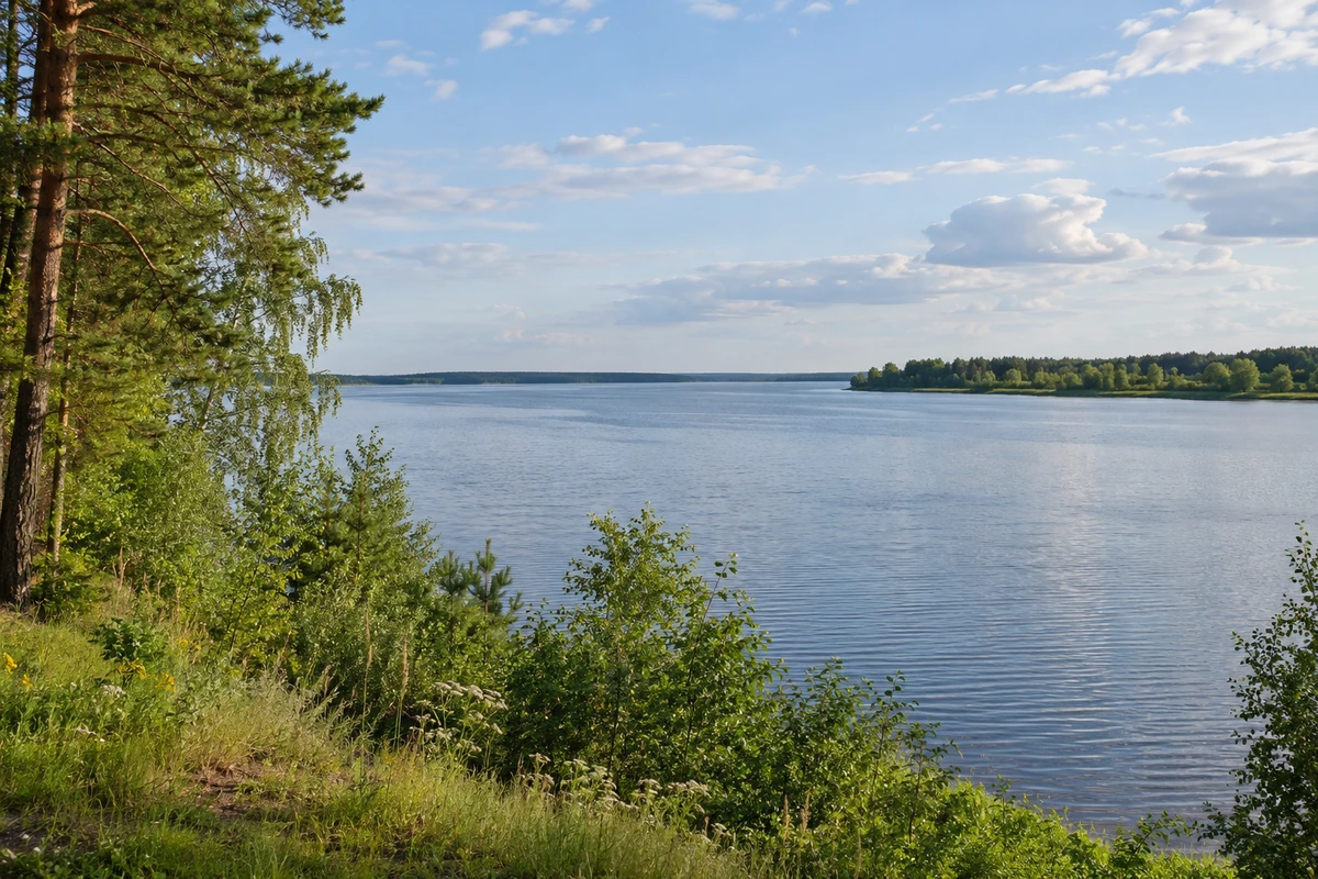 Волжский пейзаж Нижегородской области Волжское водохранилище и лесистый берег Нижегородской области
