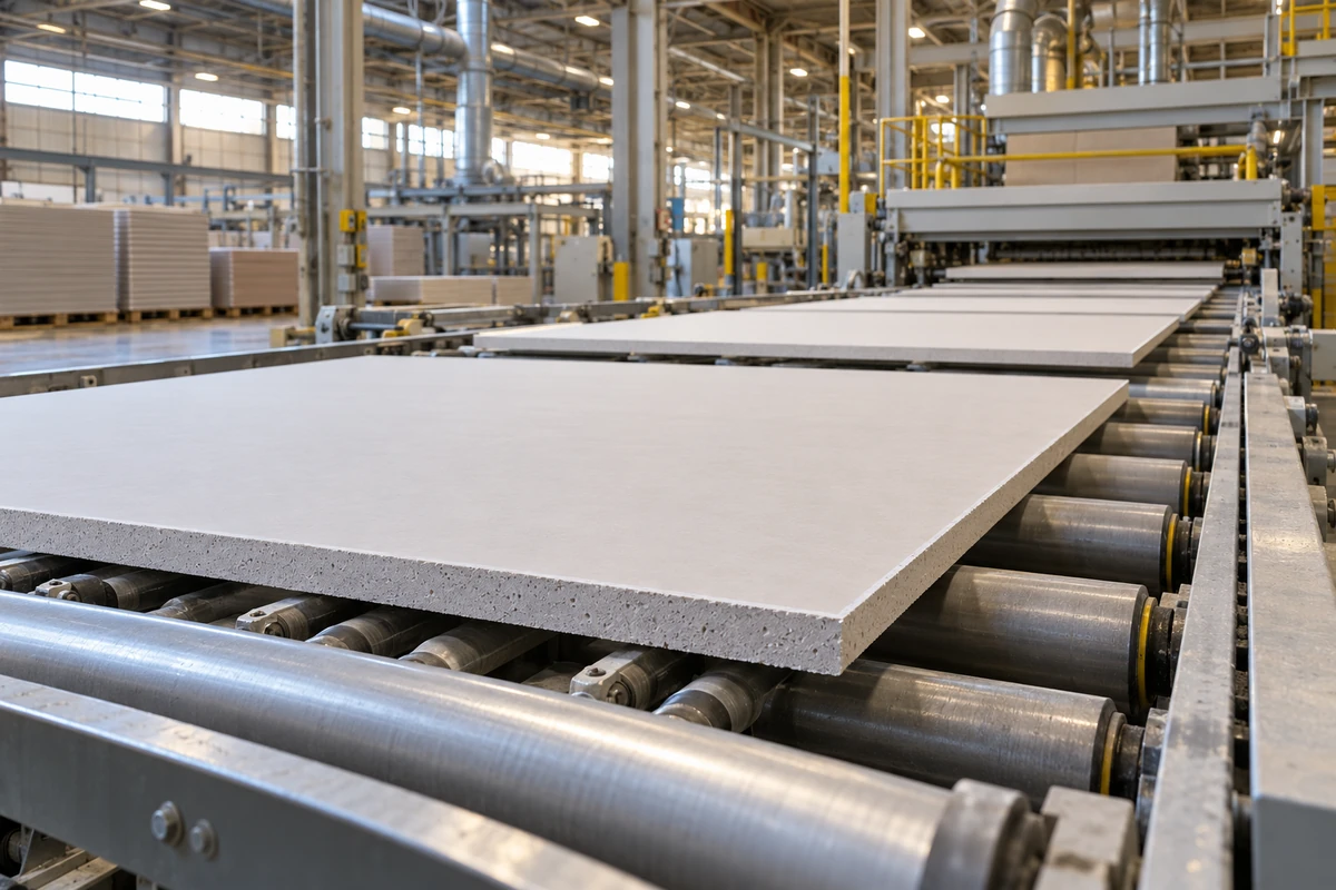 Gypsum wallboard sheets moving through a production line
