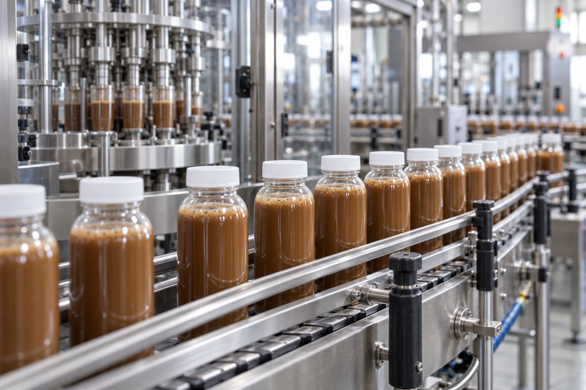 Beverage bottles on an automated production conveyor